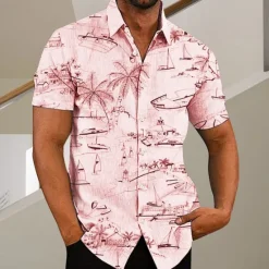 Discount OUKU Men's Coconut Tree Aloha Tropical Plants Shirt Summer Hawaiian Shirt Short Sleeve Shirt Turndown Fashion Designer Casual Outdoor Street Casual White Yellow Light Green Print S M L