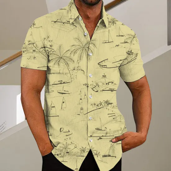 Discount OUKU Men's Coconut Tree Aloha Tropical Plants Shirt Summer Hawaiian Shirt Short Sleeve Shirt Turndown Fashion Designer Casual Outdoor Street Casual White Yellow Light Green Print S M L