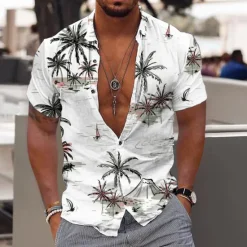 New OUKU Men's Coconut Tree Aloha Tropical Plants Shirt Summer Hawaiian Shirt Short Sleeve Shirt Turndown Fashion Hawaiian Designer Outdoor Street Casual Light Pink White Navy Blue Print S M L