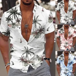 New OUKU Men's Coconut Tree Aloha Tropical Plants Shirt Summer Hawaiian Shirt Short Sleeve Shirt Turndown Fashion Hawaiian Designer Outdoor Street Casual Light Pink White Navy Blue Print S M L