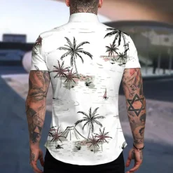 New OUKU Men's Coconut Tree Aloha Tropical Plants Shirt Summer Hawaiian Shirt Short Sleeve Shirt Turndown Fashion Hawaiian Designer Outdoor Street Casual Light Pink White Navy Blue Print S M L