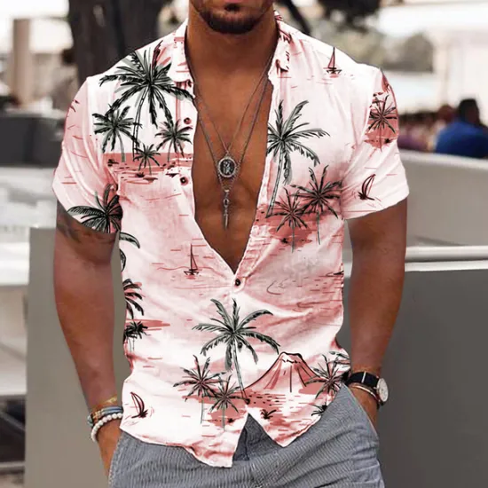 New OUKU Men's Coconut Tree Aloha Tropical Plants Shirt Summer Hawaiian Shirt Short Sleeve Shirt Turndown Fashion Hawaiian Designer Outdoor Street Casual Light Pink White Navy Blue Print S M L