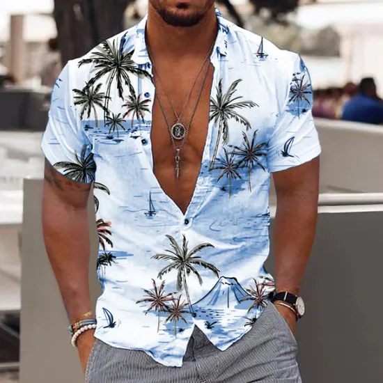 New OUKU Men's Coconut Tree Aloha Tropical Plants Shirt Summer Hawaiian Shirt Short Sleeve Shirt Turndown Fashion Hawaiian Designer Outdoor Street Casual Light Pink White Navy Blue Print S M L