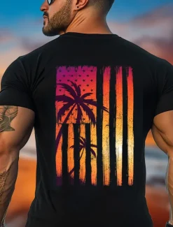 Sale OUKU Men's Coconut Tree American US Flag Funny Hawaiian T Shirt Tee Top 100% Cotton Short Sleeve Graphic Shirt Comfortable Tee Vacation Street Fashion Designer Clothing Black