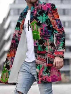 Outlet OUKU Men's Coconut Tree Building Winter Coat Overcoat Coat Warm Breathable Comfortable Fashion Streetwear Hawaiian Work Going out Beach Pocket Print Fall & Winter Turndown Long Sleeve Yellow Blue Purple