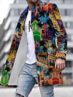 Outlet OUKU Men's Coconut Tree Building Winter Coat Overcoat Coat Warm Breathable Comfortable Fashion Streetwear Hawaiian Work Going out Beach Pocket Print Fall & Winter Turndown Long Sleeve Yellow Blue Purple