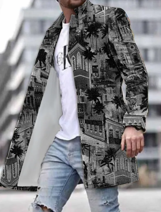 Outlet OUKU Men's Coconut Tree Building Winter Coat Overcoat Coat Warm Breathable Comfortable Fashion Streetwear Hawaiian Work Going out Beach Pocket Print Fall & Winter Turndown Long Sleeve Yellow Blue Purple