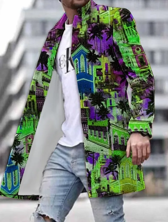 Outlet OUKU Men's Coconut Tree Building Winter Coat Overcoat Coat Warm Breathable Comfortable Fashion Streetwear Hawaiian Work Going out Beach Pocket Print Fall & Winter Turndown Long Sleeve Yellow Blue Purple
