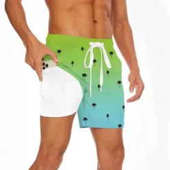 Best OUKU Men's Coconut Tree Gradient Color Lined Shorts 2 in 1 Board Shorts Swim Trunks Mid Waist Hawaiian Beach Wear Side Pockets With Compression Liner Elastic Drawstring Waist Designer Clothing Apparel
