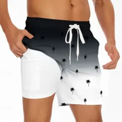 Best OUKU Men's Coconut Tree Gradient Color Lined Shorts 2 in 1 Board Shorts Swim Trunks Mid Waist Hawaiian Beach Wear Side Pockets With Compression Liner Elastic Drawstring Waist Designer Clothing Apparel