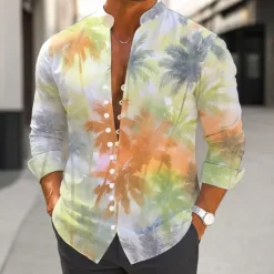 Hot OUKU Men's Coconut Tree Gradient Color Tropical Plants Shirt Aloha Shirt Stand Collar Shirt Long Sleeve Hawaiian Vacation Daily Wear Going out Spring Fall Mandarin Collar Band Collar Button-Down Linen