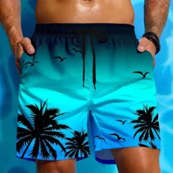 Best OUKU Men's Coconut Tree Gradient Color Tropical Plants Swim Trunks Swim Shorts Board Shorts Mid Waist Hawaiian Beach Vacation Wear Side Pockets Mesh Lining Elastic Drawstring Waist Designer Clothing
