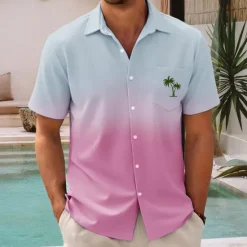 New OUKU Men's Coconut Tree Gradient Color Summer Hawaiian Shirt Button Up Shirt Aloha Shirt Short Sleeve Hawaiian Vacation Holiday Beach Wear Summer Spring Turndown 3D Print Collared Shirts Front One Pocket