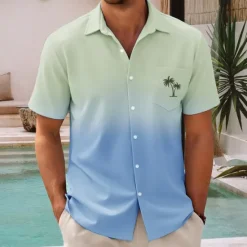 New OUKU Men's Coconut Tree Gradient Color Summer Hawaiian Shirt Button Up Shirt Aloha Shirt Short Sleeve Hawaiian Vacation Holiday Beach Wear Summer Spring Turndown 3D Print Collared Shirts Front One Pocket