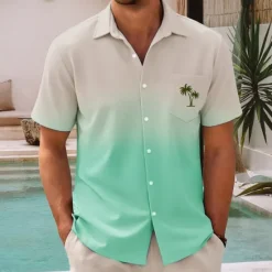 New OUKU Men's Coconut Tree Gradient Color Summer Hawaiian Shirt Button Up Shirt Aloha Shirt Short Sleeve Hawaiian Vacation Holiday Beach Wear Summer Spring Turndown 3D Print Collared Shirts Front One Pocket