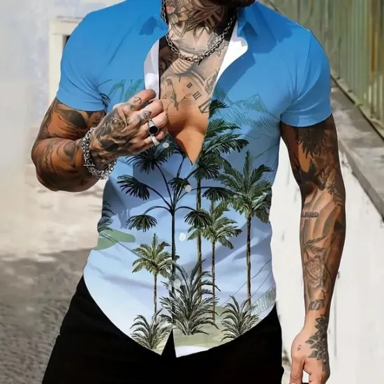 Outlet OUKU Men's Coconut Tree Gradient Color Tropical Plants Summer Hawaiian Shirt Button Up Shirt Aloha Shirt Short Sleeve Hawaiian Resort Vacation Holiday Beach Wear Summer Spring Turndown Collared Shirts Blue