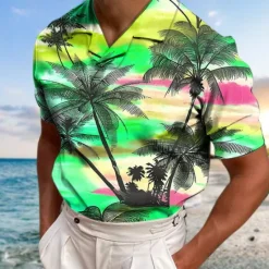 Online OUKU Men's Coconut Tree Graphic Prints Sunset Polo Shirts Hawaiian Polo Shirts Golf Shirt Short Sleeves Shirt Cuban Collar Outdoor Street Yellow Red Blue Purple Green Print Clothing Apparel Fashion
