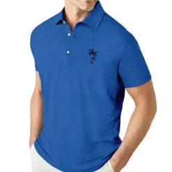 Sale OUKU Men's Coconut Tree Graphic Prints Polo Shirts Lapel Polo Graphic Polo Button Up Polos Cotton Polo Shirt Short Sleeve Shirt Turndown Outdoor Street Black White Pink Navy Blue Blue Print Clothing