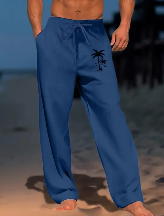 OUKU Men's Coconut Tree Graphic Prints Trousers Summer Pants Beach Pants Mid Waist Streetwear Hawaiian Designer Casual Daily Holiday Drawstring Elastic Waist 3D Print Spring & Summer Hot Stamping Black