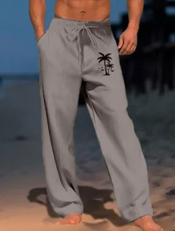 OUKU Men's Coconut Tree Graphic Prints Trousers Summer Pants Beach Pants Mid Waist Streetwear Hawaiian Designer Casual Daily Holiday Drawstring Elastic Waist 3D Print Spring & Summer Hot Stamping Black