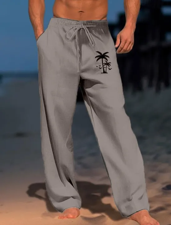 OUKU Men's Coconut Tree Graphic Prints Trousers Summer Pants Beach Pants Mid Waist Streetwear Hawaiian Designer Casual Daily Holiday Drawstring Elastic Waist 3D Print Spring & Summer Hot Stamping Black