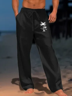 OUKU Men's Coconut Tree Graphic Prints Trousers Summer Pants Beach Pants Mid Waist Streetwear Hawaiian Designer Casual Daily Holiday Drawstring Elastic Waist 3D Print Spring & Summer Hot Stamping Black