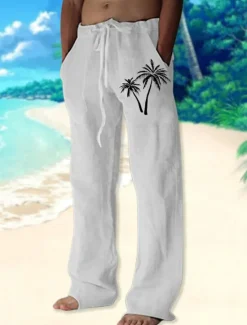 Discount OUKU Men's Coconut Tree Graphic Prints Trousers Summer Pants Beach Pants Mid Waist Streetwear Hawaiian Designer Casual Daily Holiday Elastic Waist Drawstring Straight Leg Spring & Summer 3D Print White