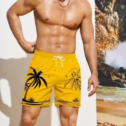 Best OUKU Men's Coconut Tree Graphic Prints Swim Trunks Swim Shorts Board Shorts Mid Waist Hawaiian Boho Casual Daily Holiday Drawstring with Mesh lining Elastic Waist Designer Clothing Apparel