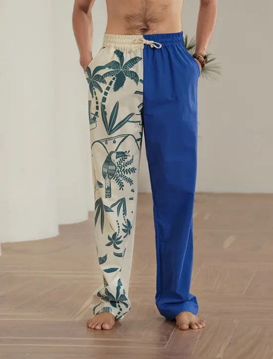 OUKU Men's Coconut Tree Graphic Prints Linen Pants Trousers Summer Pants Mid Waist Streetwear Hawaiian Designer Casual Daily Holiday Drawstring Elastic Waist 3D Print Spring & Summer 3D Print Blue Khaki