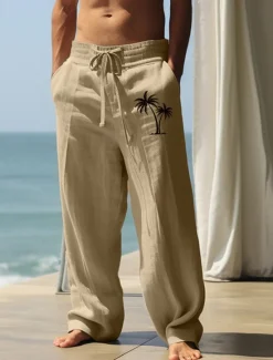 Hot OUKU Men's Coconut Tree Graphic Prints Linen Pants Trousers Summer Pants Mid Waist Streetwear Hawaiian Designer Casual Daily Holiday Drawstring Elastic Waist 3D Print Spring & Summer 3D Print Blue Green