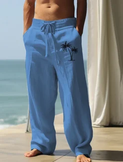 Hot OUKU Men's Coconut Tree Graphic Prints Linen Pants Trousers Summer Pants Mid Waist Streetwear Hawaiian Designer Casual Daily Holiday Drawstring Elastic Waist 3D Print Spring & Summer 3D Print Blue Green