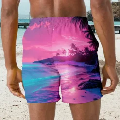 Outlet OUKU Men's Coconut Tree Landscape Swim Trunks Swim Shorts Board Shorts Mid Waist Hawaiian Casual Holiday Beach Drawstring with Mesh lining Elastic Waist Designer Clothing Apparel