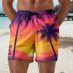 Outlet OUKU Men's Coconut Tree Landscape Swim Trunks Swim Shorts Board Shorts Mid Waist Hawaiian Casual Holiday Beach Drawstring with Mesh lining Elastic Waist Designer Clothing Apparel