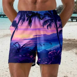 Outlet OUKU Men's Coconut Tree Landscape Swim Trunks Swim Shorts Board Shorts Mid Waist Hawaiian Casual Holiday Beach Drawstring with Mesh lining Elastic Waist Designer Clothing Apparel
