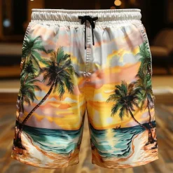 OUKU Men's Coconut Tree Landscape Swim Shorts Board Shorts Swimming Trunks Mid Waist Vacation Hawaiian Holiday Vacation Holiday Beach Drawstring with Mesh lining Elastic Waist Designer Clothing Apparel Orange