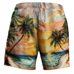 OUKU Men's Coconut Tree Landscape Swim Shorts Board Shorts Swimming Trunks Mid Waist Vacation Hawaiian Holiday Vacation Holiday Beach Drawstring with Mesh lining Elastic Waist Designer Clothing Apparel Orange