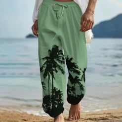 OUKU Men's Coconut Tree Linen Pants Pants Trousers Baggy Pants Mid Waist Vintage Outdoor Daily Wear Beach Fall & Winter White Blue Green
