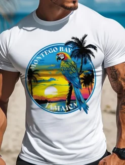 Hot OUKU Men's Coconut Tree Parrot Funny Hawaiian T Shirt Tee Top 100% Cotton Short Sleeve Graphic Shirt Comfortable Tee Vacation Street Fashion Designer Clothing White