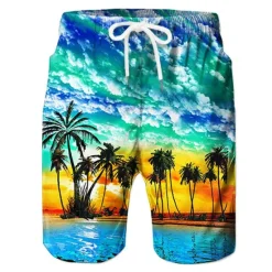 Best OUKU Men's Coconut Tree Print Swimming Trunks Bathing Suit Board Shorts Mid Waist Hawaiian Casual Athleisure Daily Holiday Pocket Drawstring with Mesh lining Designer Clothing Apparel