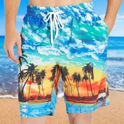 Best OUKU Men's Coconut Tree Print Swimming Trunks Bathing Suit Board Shorts Mid Waist Hawaiian Casual Athleisure Daily Holiday Pocket Drawstring with Mesh lining Designer Clothing Apparel
