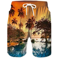 Best OUKU Men's Coconut Tree Print Swimming Trunks Bathing Suit Board Shorts Mid Waist Hawaiian Casual Athleisure Daily Holiday Pocket Drawstring with Mesh lining Designer Clothing Apparel
