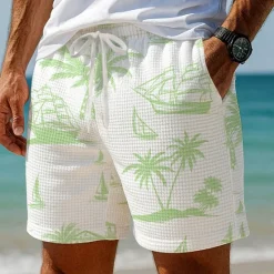 OUKU Men's Coconut Tree Sailboat Tropical Plants Waffle Shorts Sweat Shorts Casual Shorts Mid Waist Hawaiian Vacation Jogging Workout Elastic Drawstring Waist Shorts with Pockets Designer Clothing Apparel