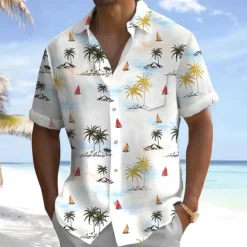 Clearance OUKU Men's Coconut Tree Sailboat Tropical Plants Shirt Summer Hawaiian Shirt Button Up Shirt Short Sleeve Hawaiian Holiday Beach Wear Summer Spring Turndown 3D Print Collared Shirts Front One Pocket White