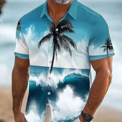 Best OUKU Men's Coconut Tree Sea Summer Hawaiian Shirt Aloha Shirt Short Sleeve Hawaiian Beach Vacation Beach Summer Spring Turndown Button Up Blue 1# Blue