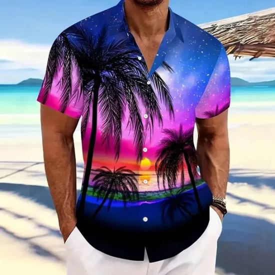 Clearance OUKU Men's Coconut Tree Starry Sky Summer Hawaiian Shirt Button Up Shirt Aloha Shirt Short Sleeve Hawaiian Resort Vacation Holiday Beach Wear Summer Spring Turndown Collared Shirts Dark Blue