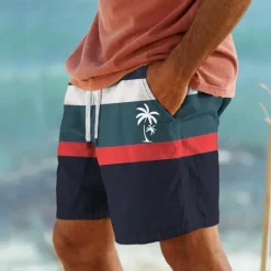 Sale OUKU Men's Coconut Tree Stripe Swim Shorts Board Shorts Swimming Trunks Mid Waist Hawaiian Casual Holiday Beach Drawstring with Mesh lining Elastic Waist Designer Clothing Apparel