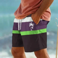 Sale OUKU Men's Coconut Tree Stripe Swim Shorts Board Shorts Swimming Trunks Mid Waist Hawaiian Casual Holiday Beach Drawstring with Mesh lining Elastic Waist Designer Clothing Apparel