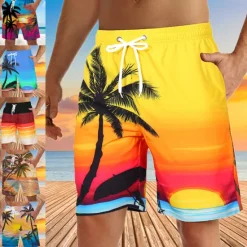 Discount OUKU Men's Coconut Tree Sunset Board Shorts Swim Shorts Swim Trunks Mid Waist Hawaiian Boho Holiday Beach Drawstring with Mesh lining Elastic Waist Designer Clothing Apparel
