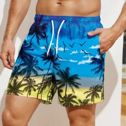 Discount OUKU Men's Coconut Tree Sunset Board Shorts Swim Shorts Swim Trunks Mid Waist Hawaiian Boho Holiday Beach Drawstring with Mesh lining Elastic Waist Designer Clothing Apparel
