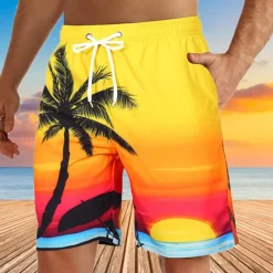 Discount OUKU Men's Coconut Tree Sunset Board Shorts Swim Shorts Swim Trunks Mid Waist Hawaiian Boho Holiday Beach Drawstring with Mesh lining Elastic Waist Designer Clothing Apparel